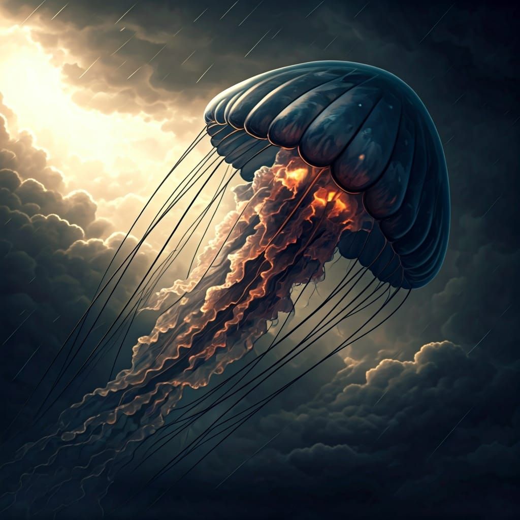 Ominous Jellyfish Kite Soaring in Stormy Sky