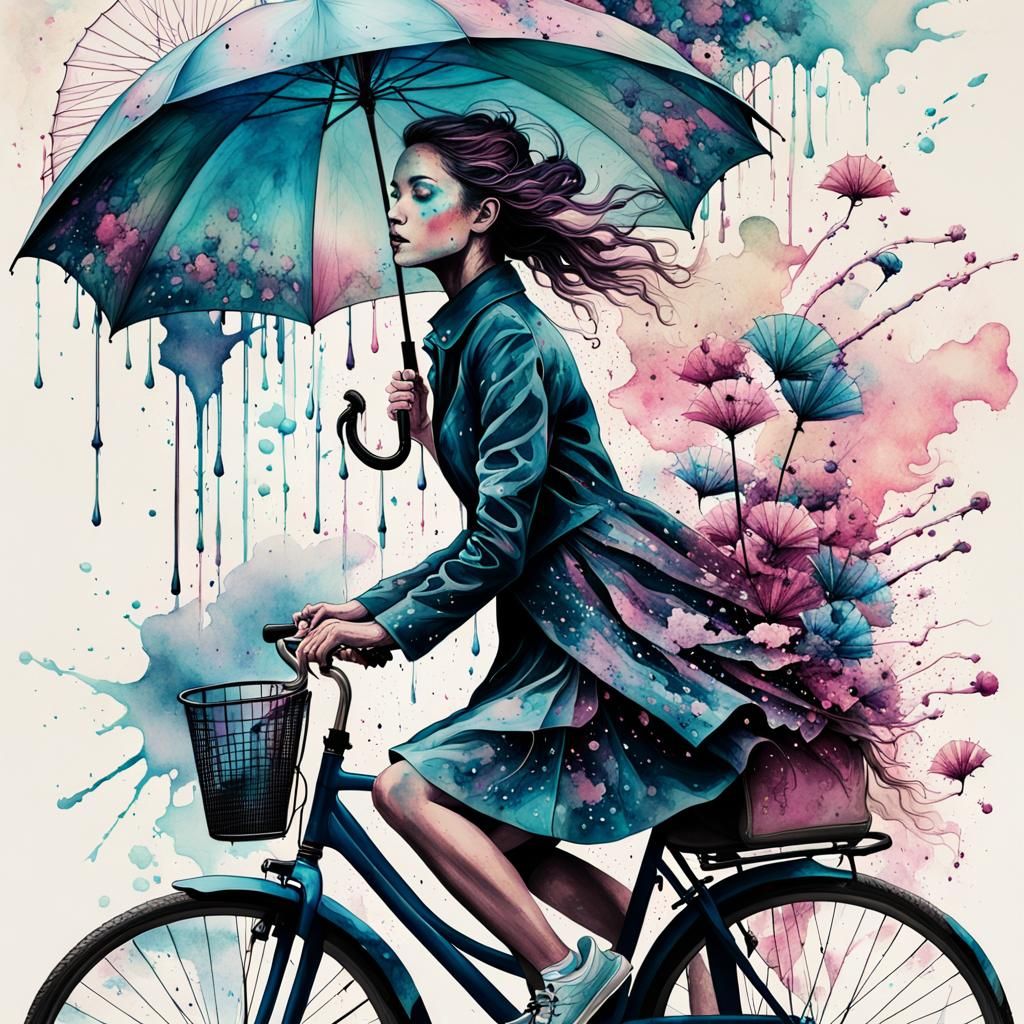 Woman on Bicycle with Ink Splatter Double Exposure