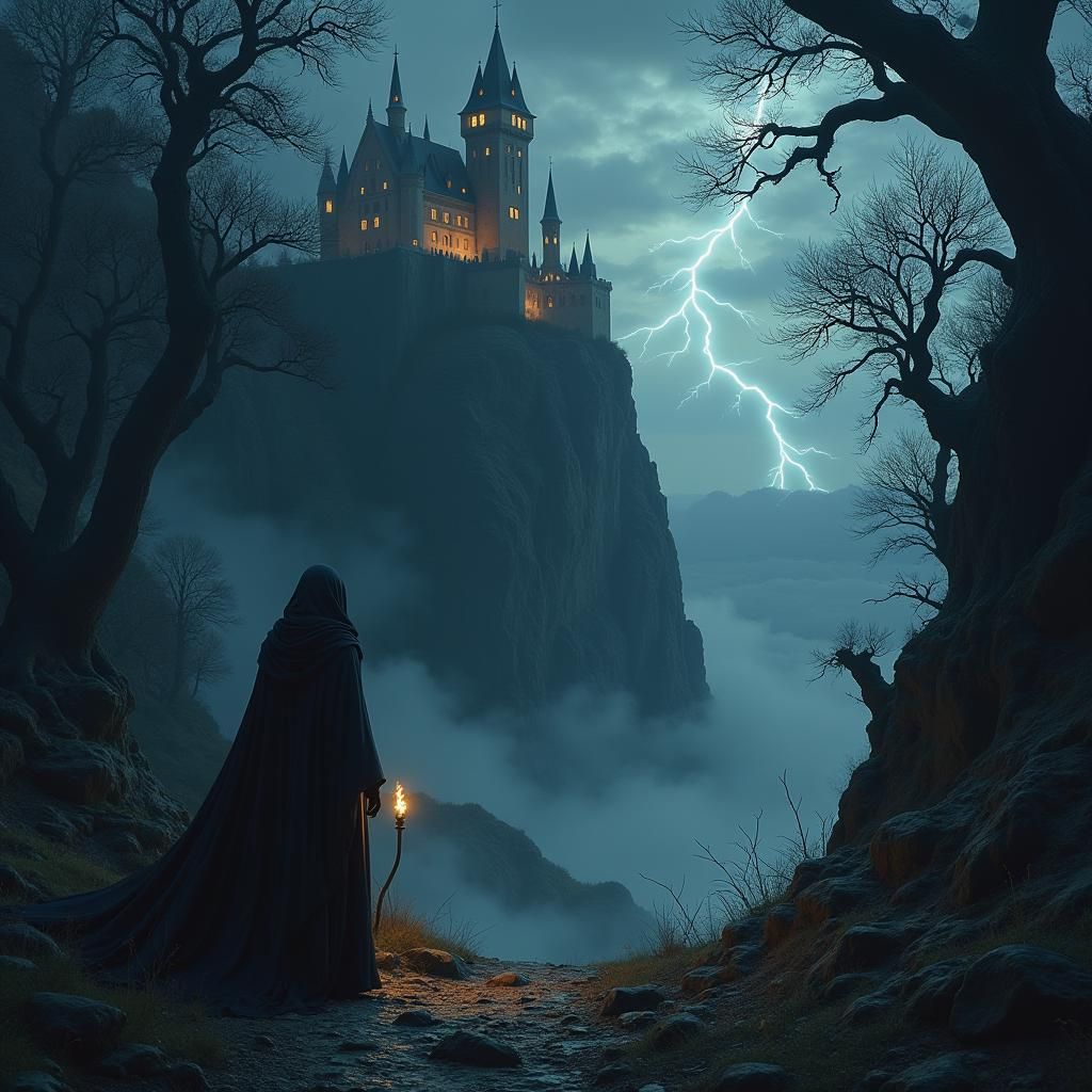 Dark Fantasy Castle in Misty Forest at Night