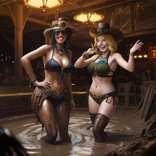 Mud-Covered Women Laughing in Steampunk Club