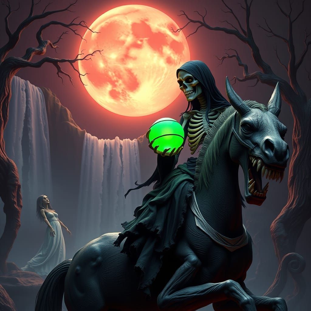 Skeletal Woman with Glowing Orb on Carved Horse