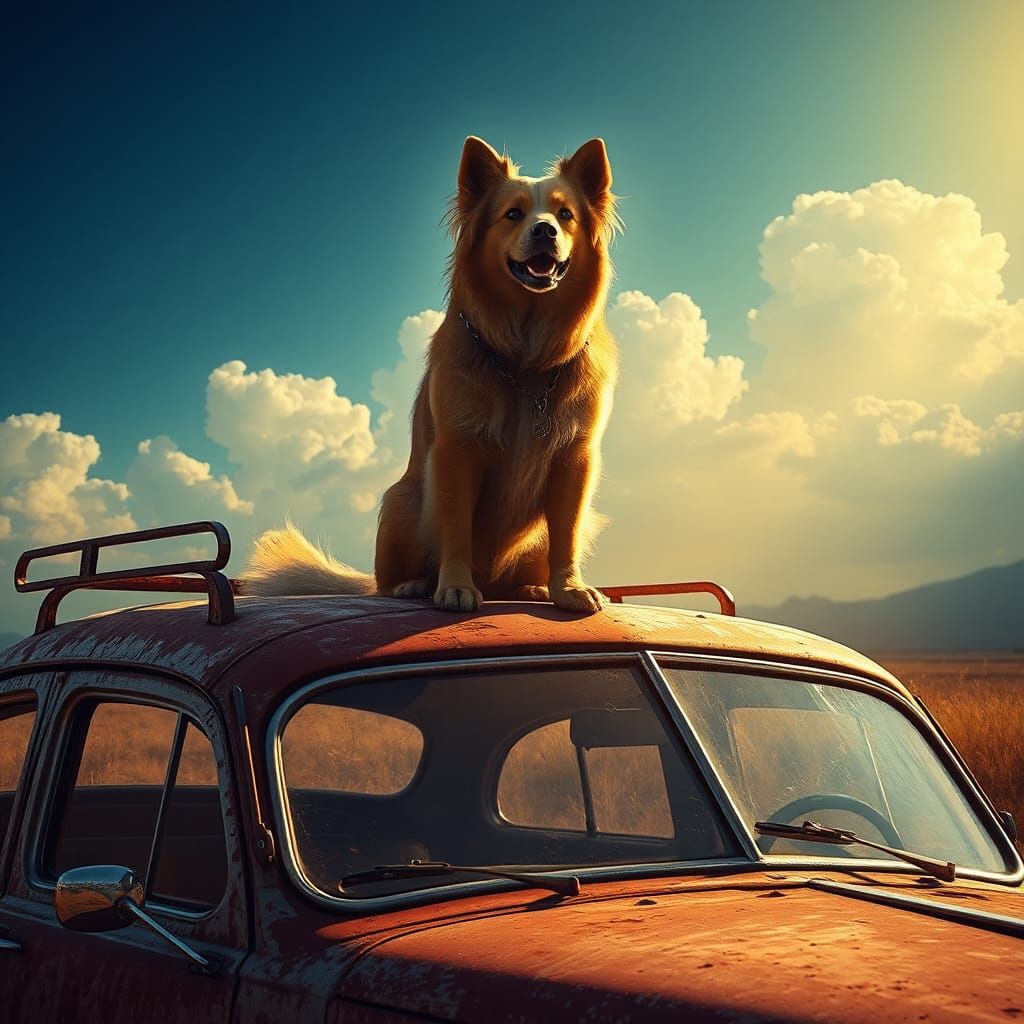 Dog on Car Roof in Dreamlike Landscape
