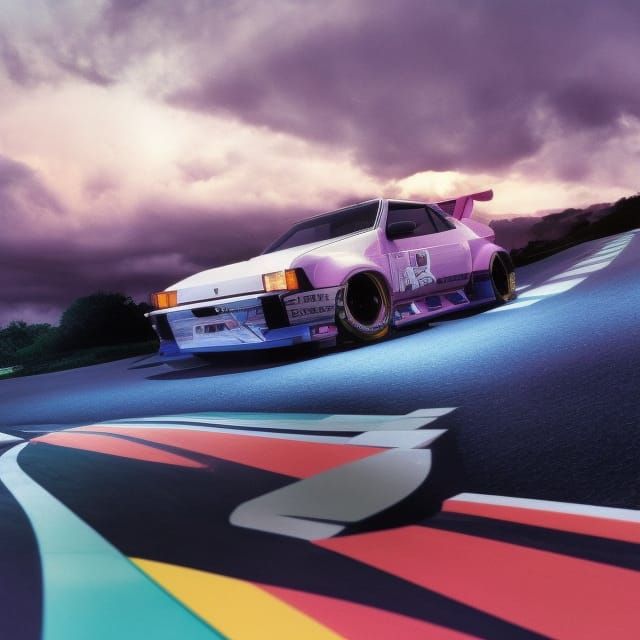 Toyota AE86 on Highway: Vaporwave Low-Poly 3D Render
