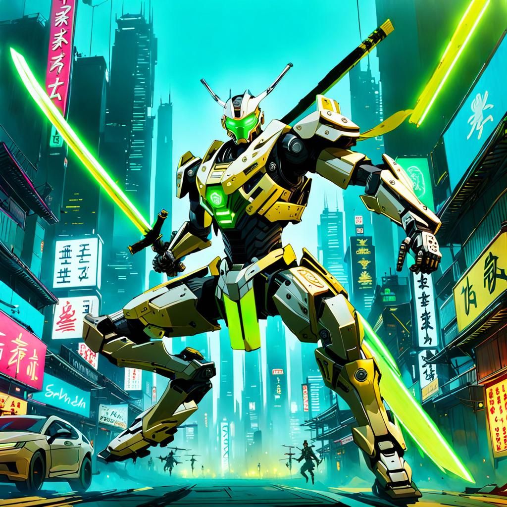 Cyberpunk Mecha Samurai with Glowing Katana