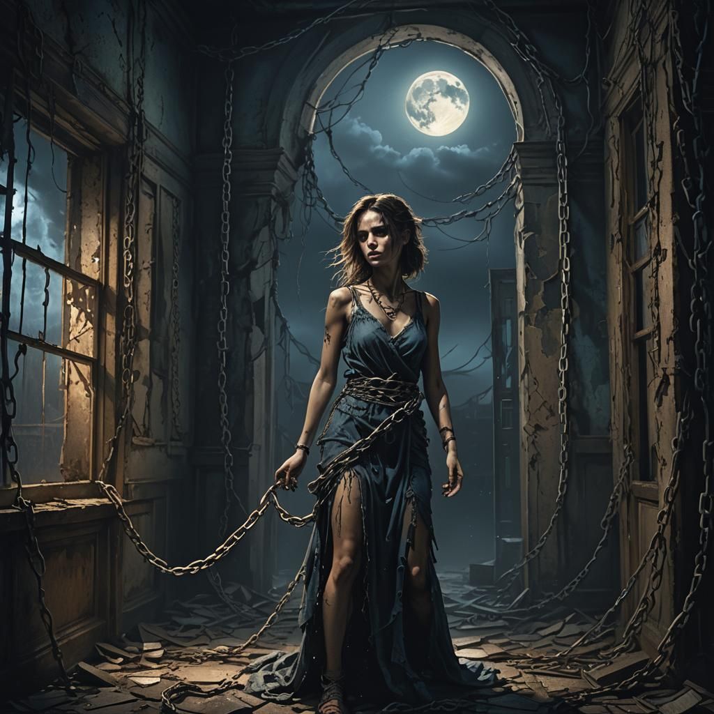 Chained Woman in Abandoned Room: Dark Fantasy Art
