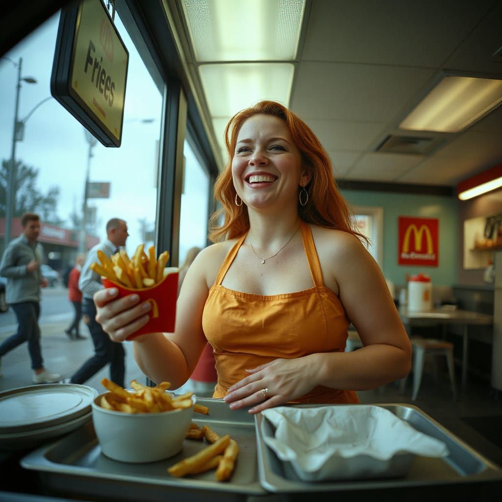 Redhead Prepares Fries in Oily Fast Food Restaurant