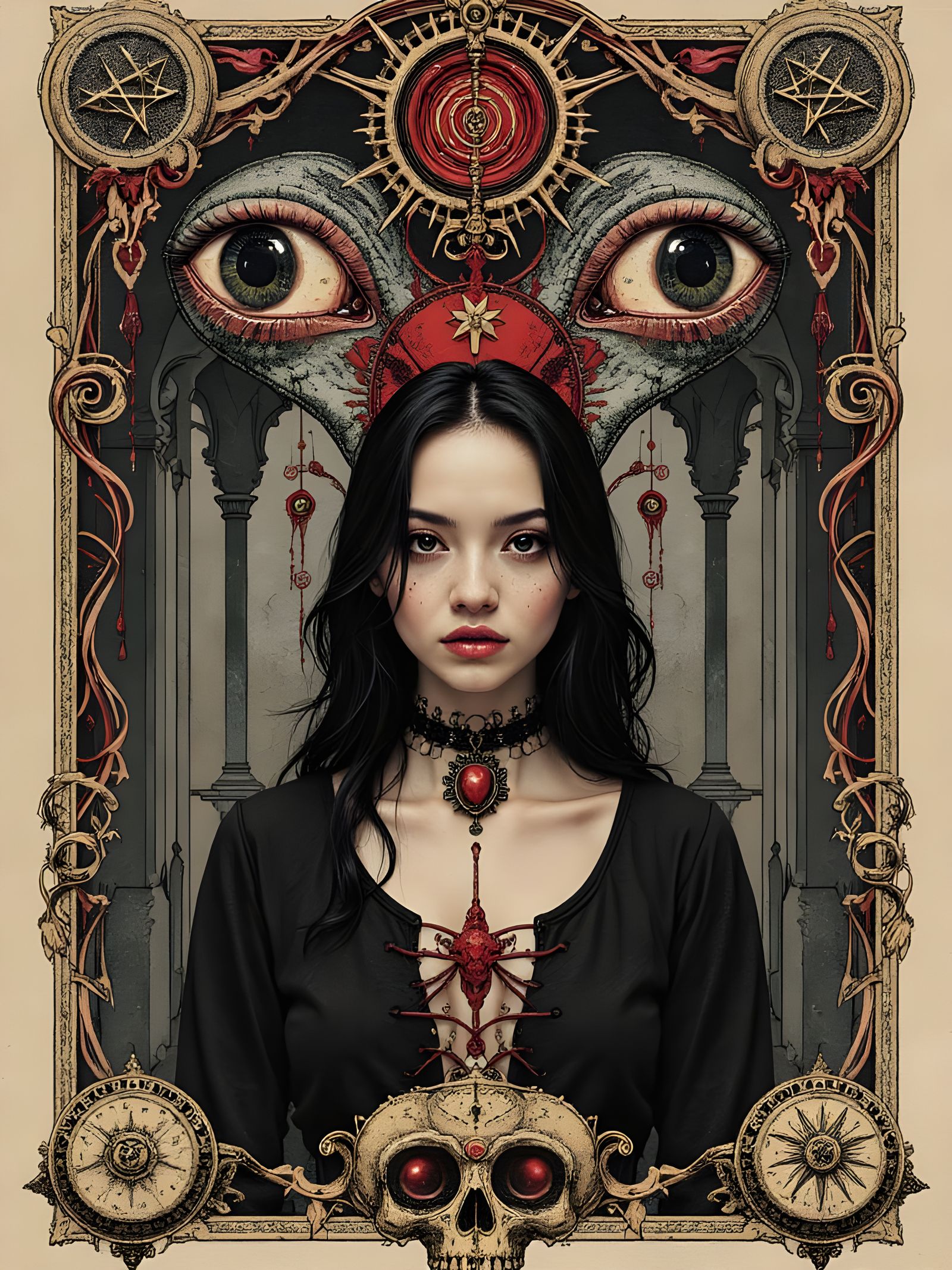 Mysterious Woman with Stitched Skin in Gothic Surrealist Art