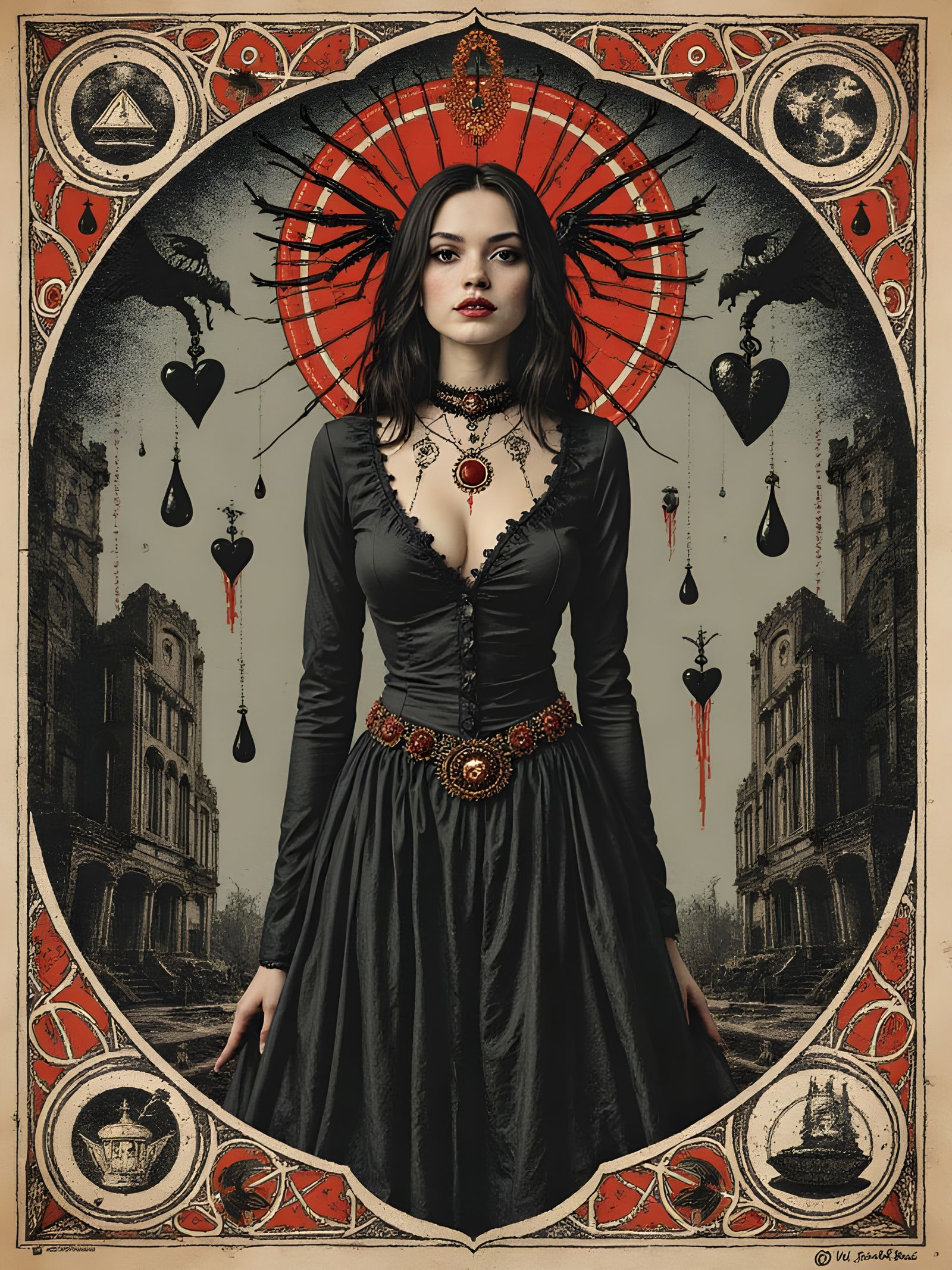 Mysterious Woman with Stitched Skin in Gothic Surrealism
