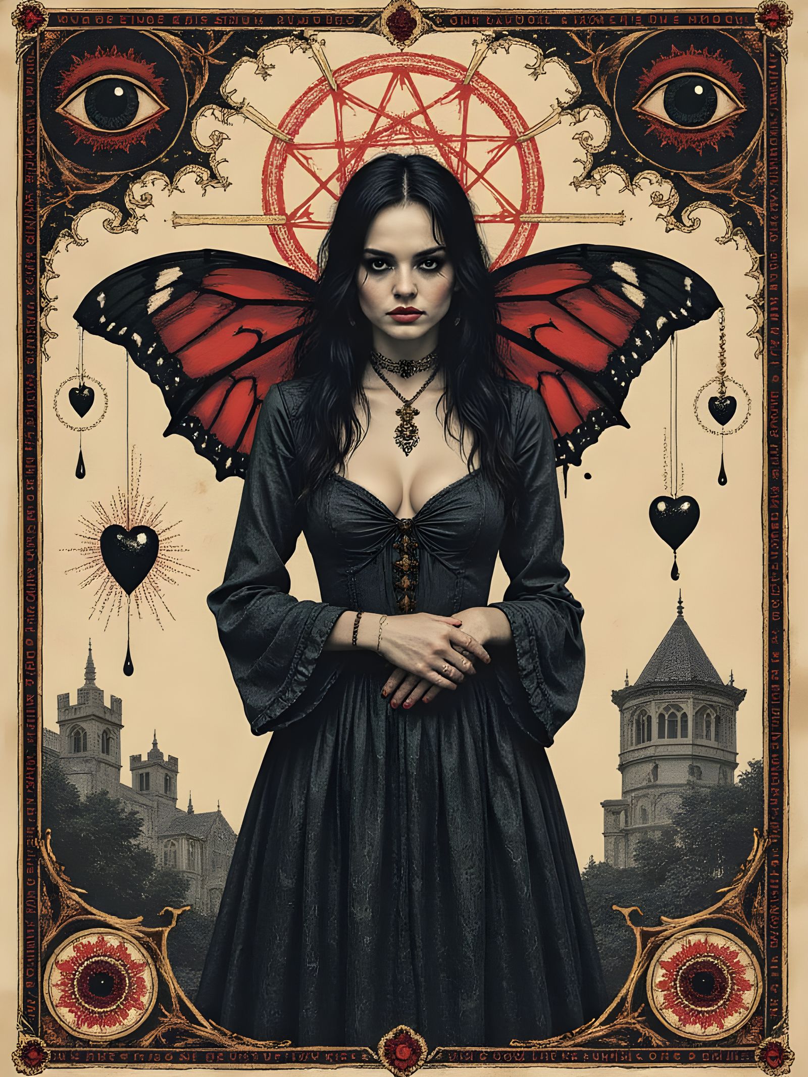 Mysterious Woman with Vellum Skin and Gothic Symbols