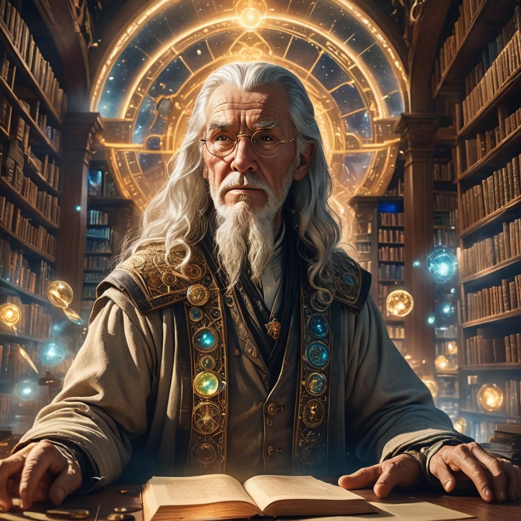 Galactic Historian in Library with Holographic Displays