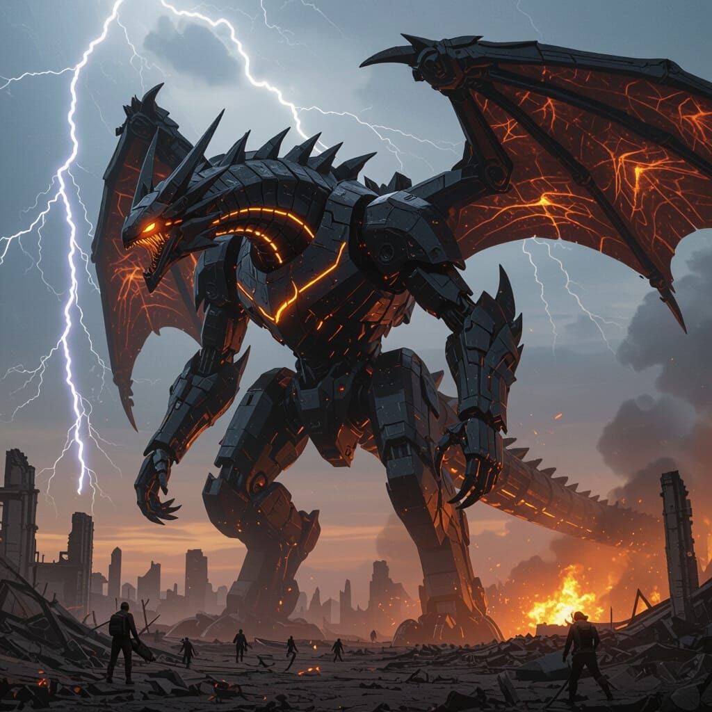 Mecha Dragon Over Battlefield in Sci-Fi Style