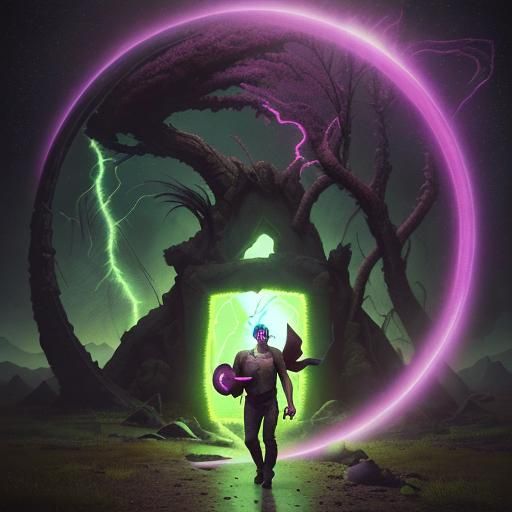 Portal Traveler: Neo-Primitivism in Green and Magenta