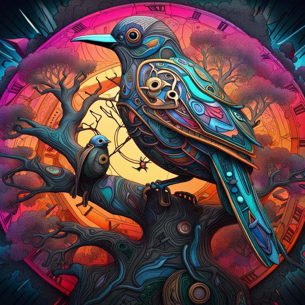 Clockpunk Birds Discussing LLMs in Psychedelic Art
