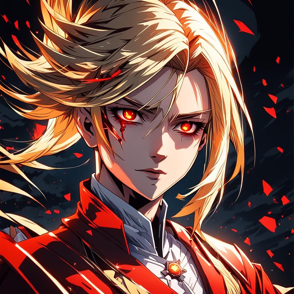 Evil Blonde Noble Girl with Red Eyes in Anime Style