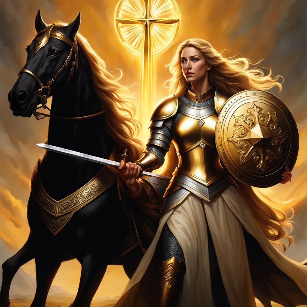 Female Knight Riding Golden Stallion