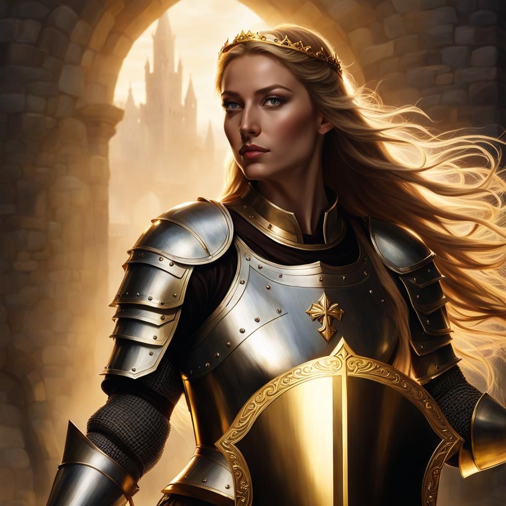 Female Knight with Shield of Christ on Golden Stallion