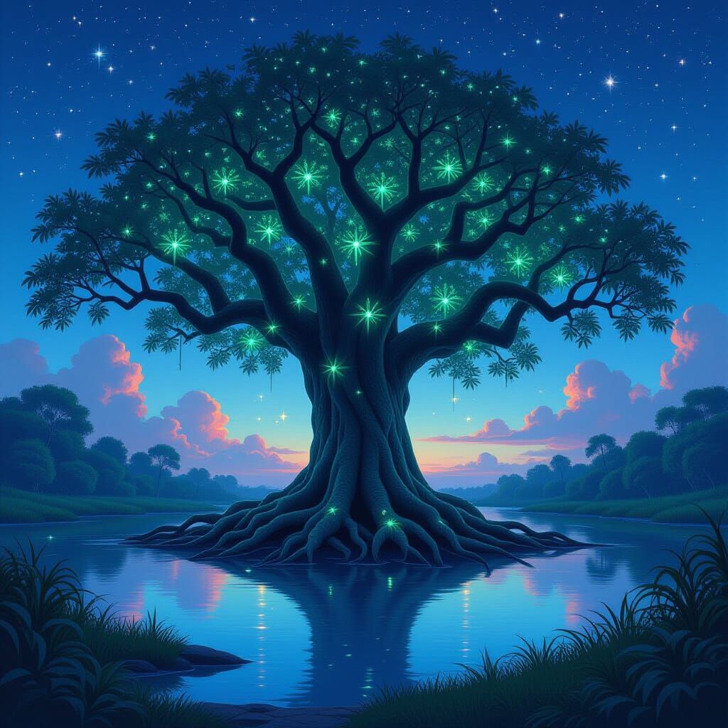 Majestic Banyan Tree at Twilight with Bioluminescent Leaves