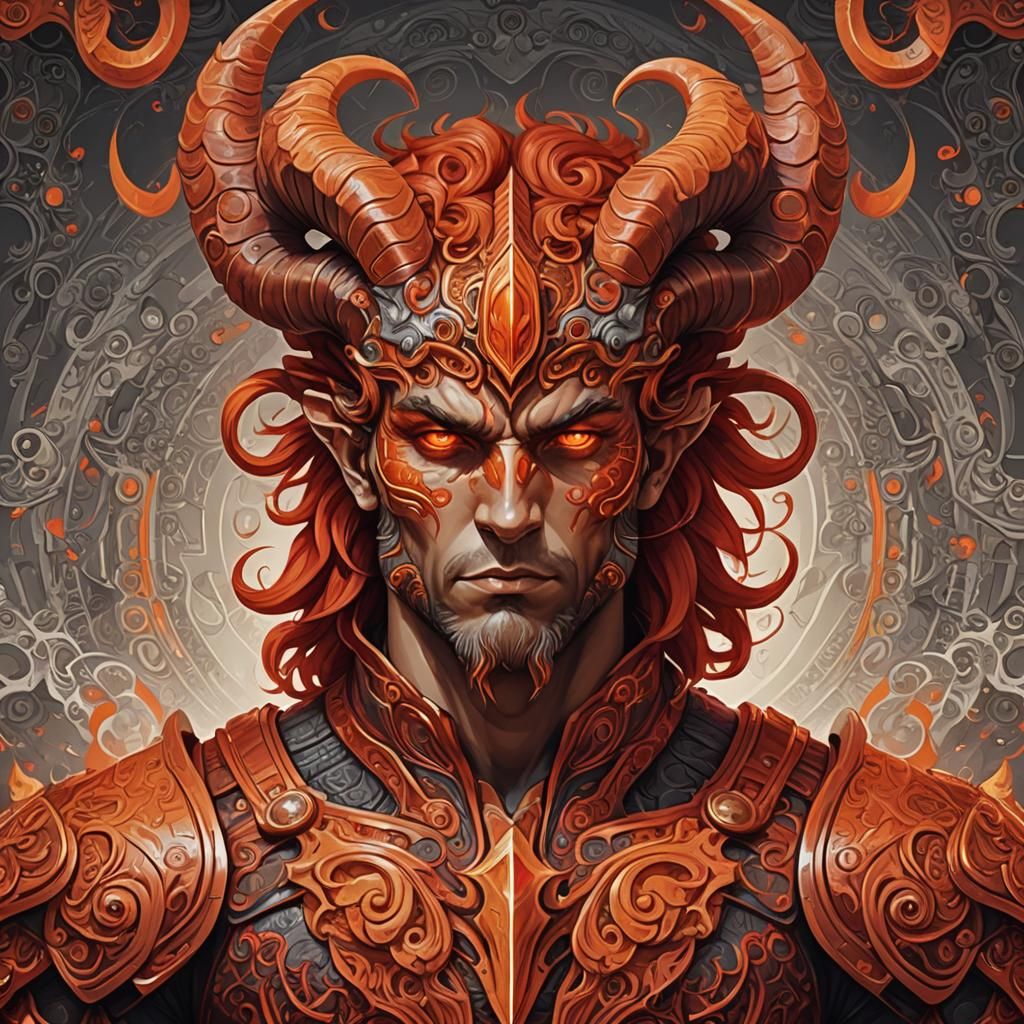 Aries Male in Fiery Armor with Ram Horns
