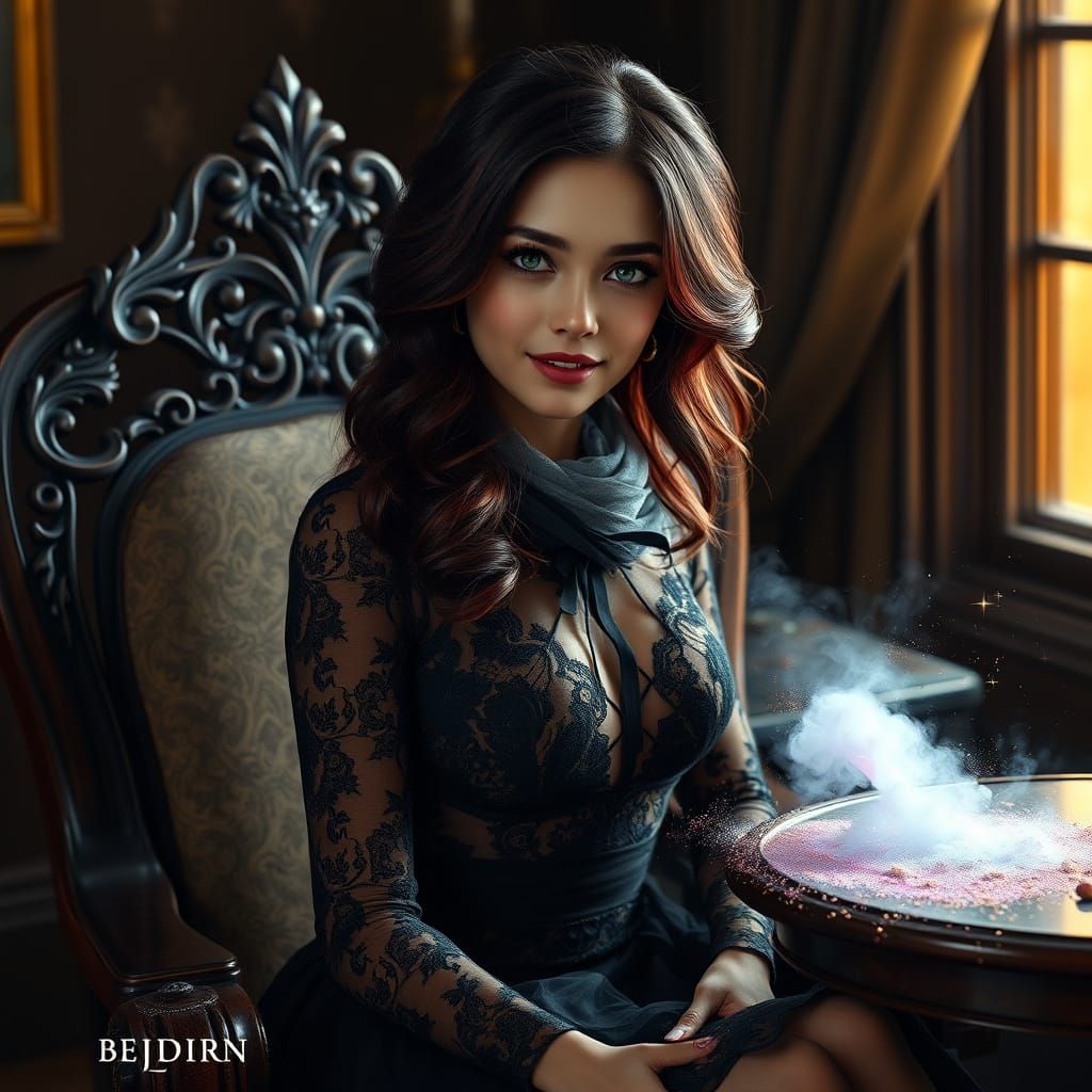 Elegant Woman in Enchanted Room with Magical Powder