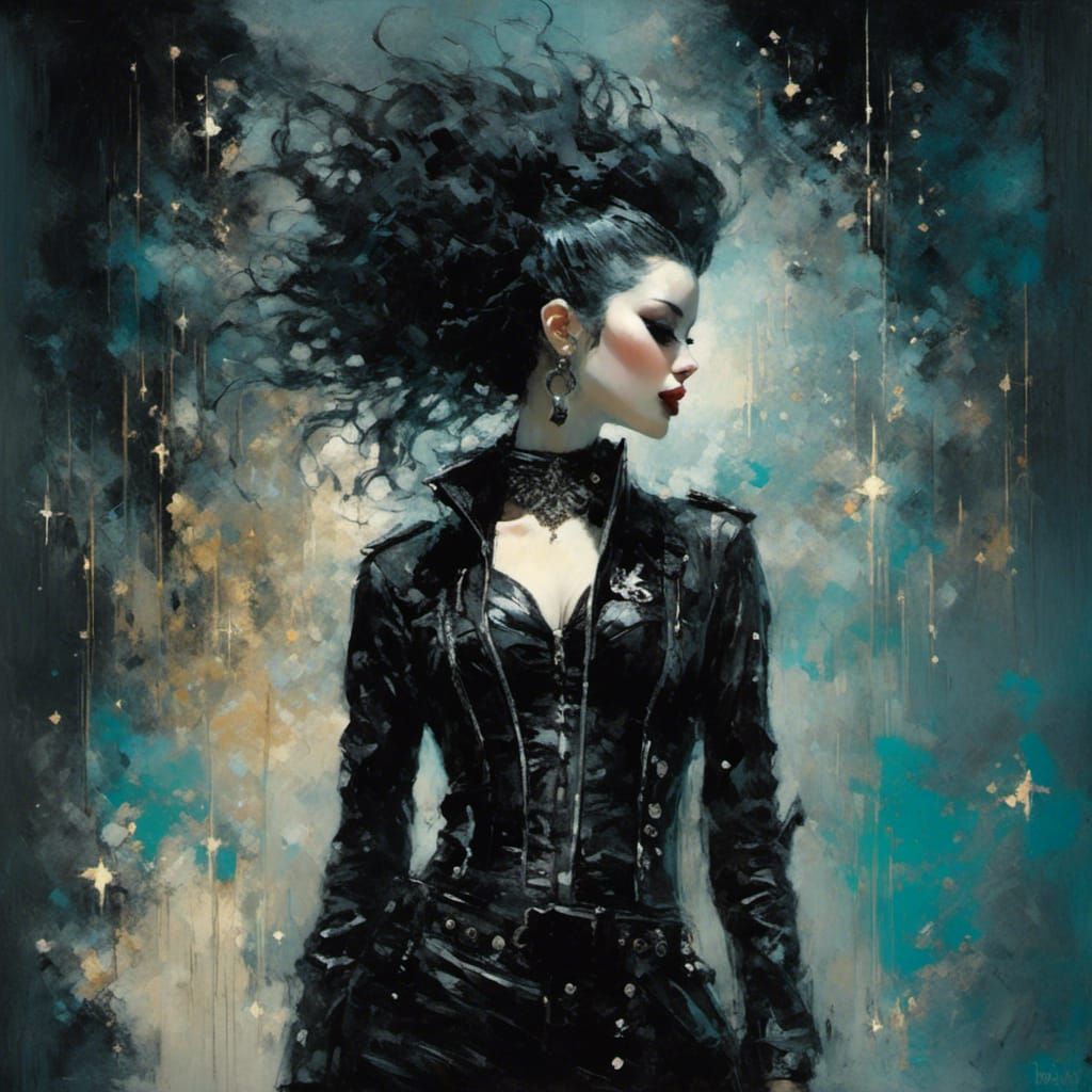 Goth-Punk Girl Floating in Starry Night Sky