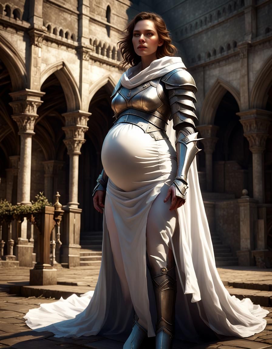Pregnant Knight in White Armor: Dark Fantasy Art