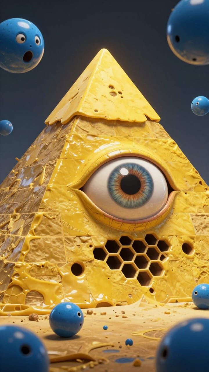 Glossy Yellow Pyramid with Human Eye and Shedding Skin