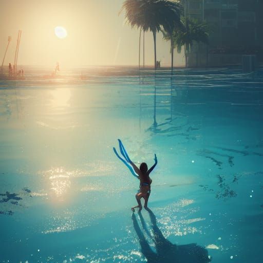 Girls Playing Water Volleyball in Ghibli Anime Style