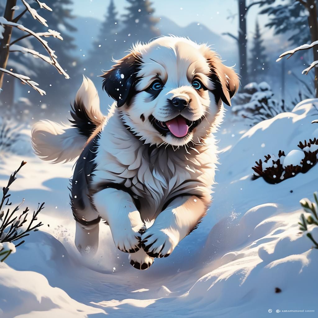 Anime Style Newfoundland Puppy Playing in Snow
