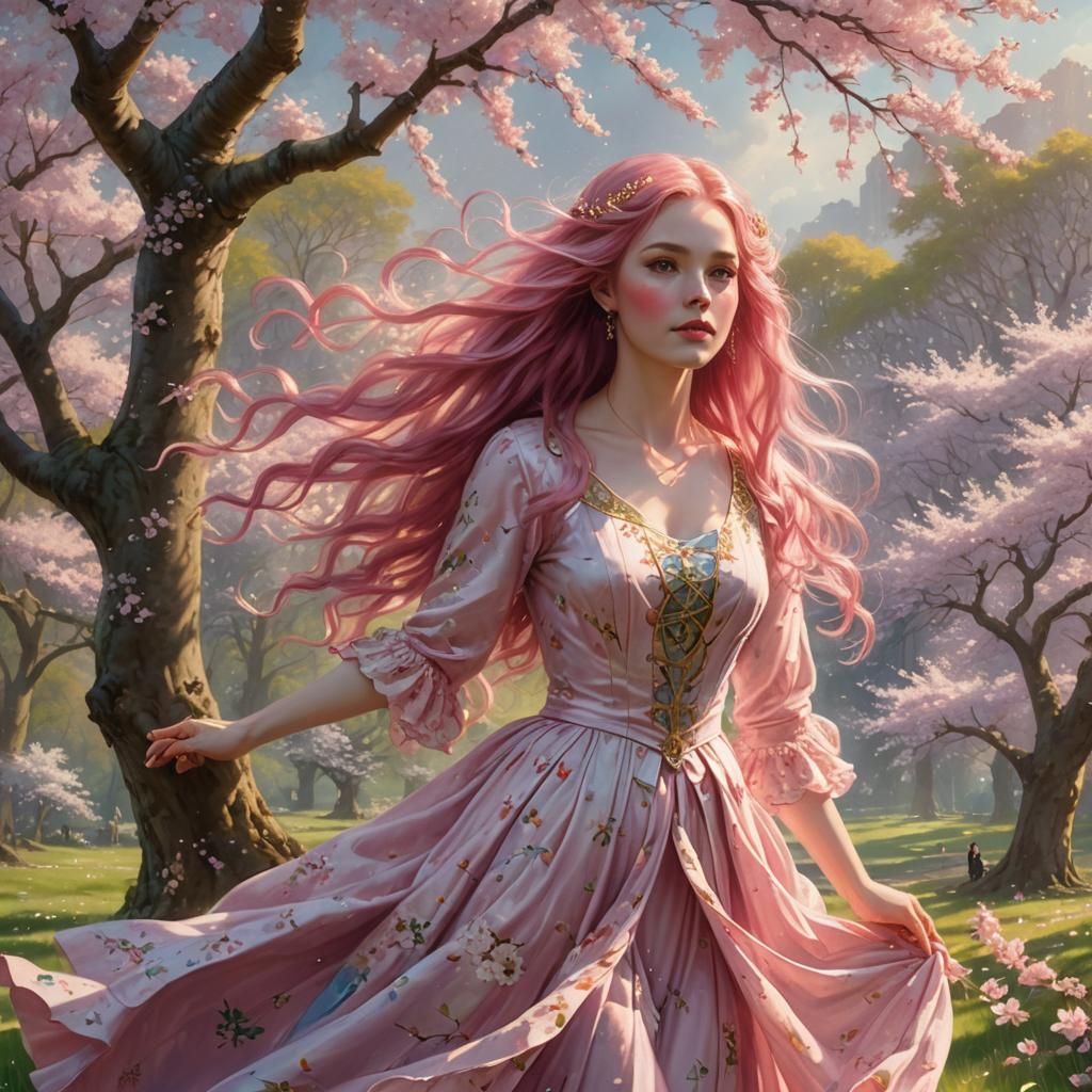 Pink Haired Woman in Cherry Blossom Meadow