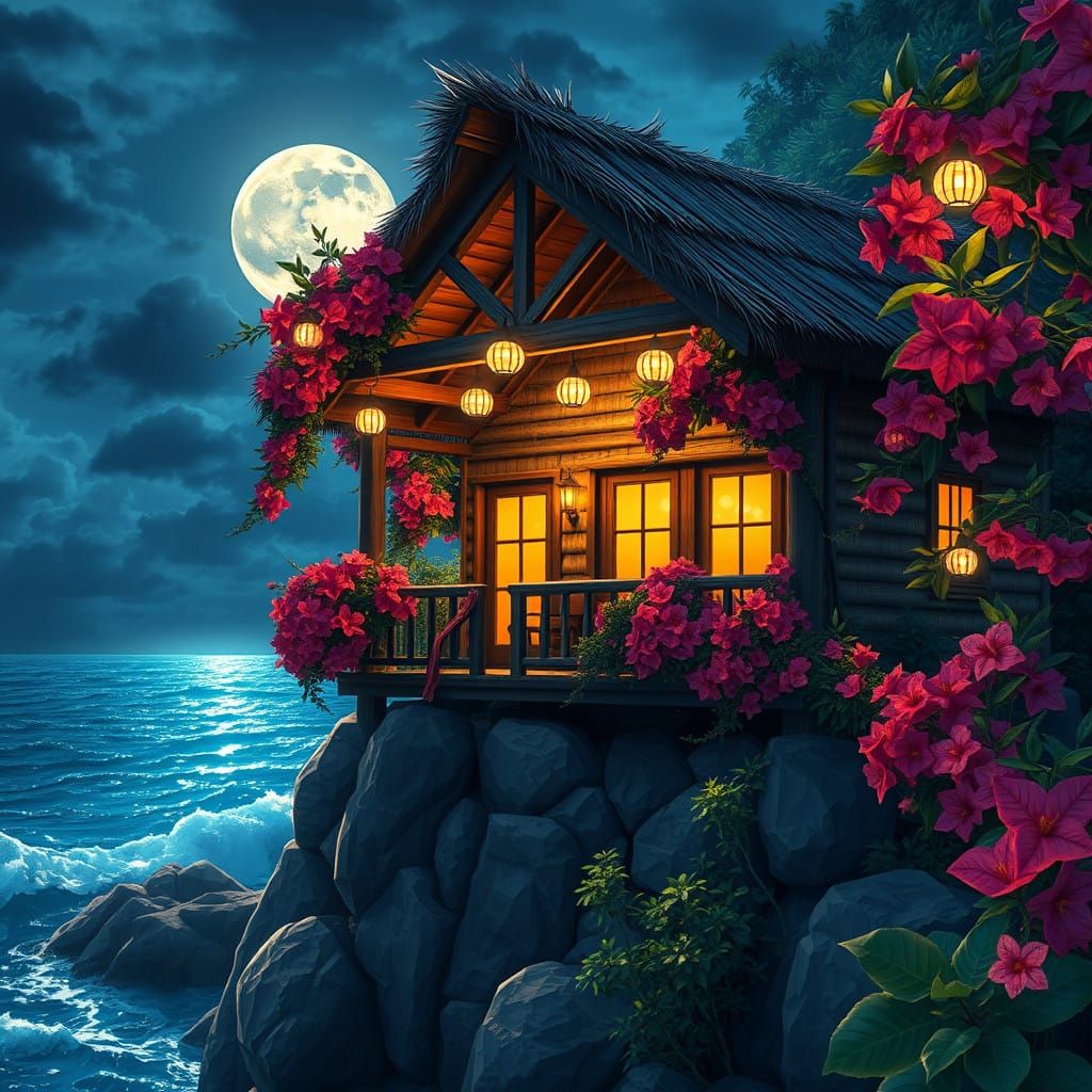 Surreal Seaside Cottage Under Moonlit Tropical Bloom