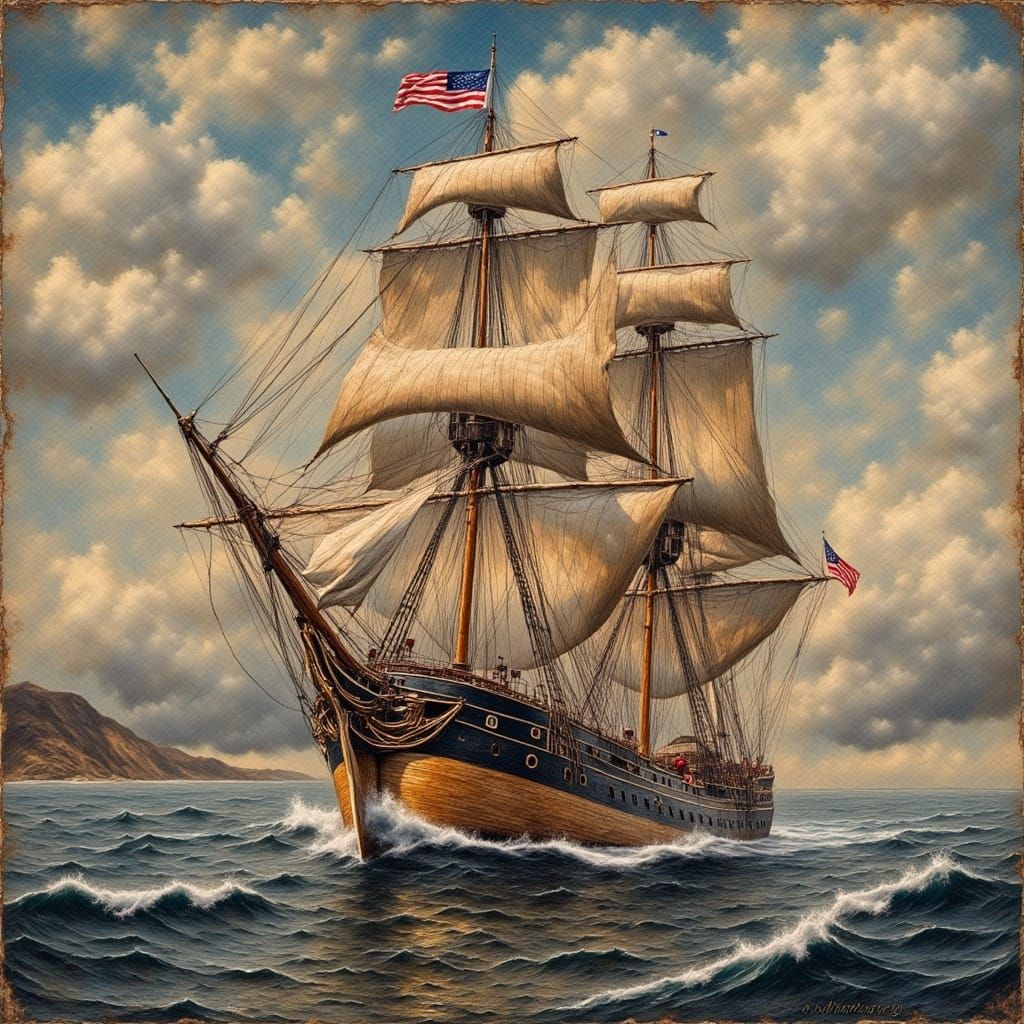 Grungy Oil Painting of Ship at Sea