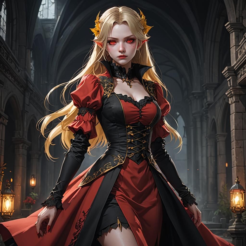 Blonde Vampire Woman in Red Dress: 3D Anime Art