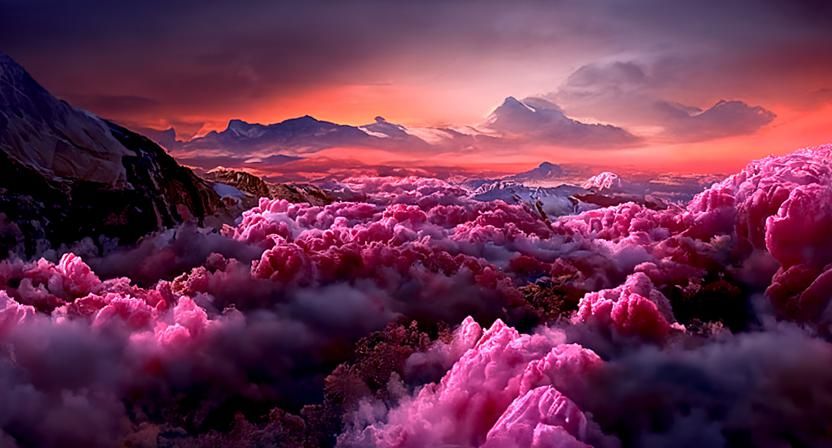 Pink Clouds Over Majestic Mountains in Fantasy Landscape
