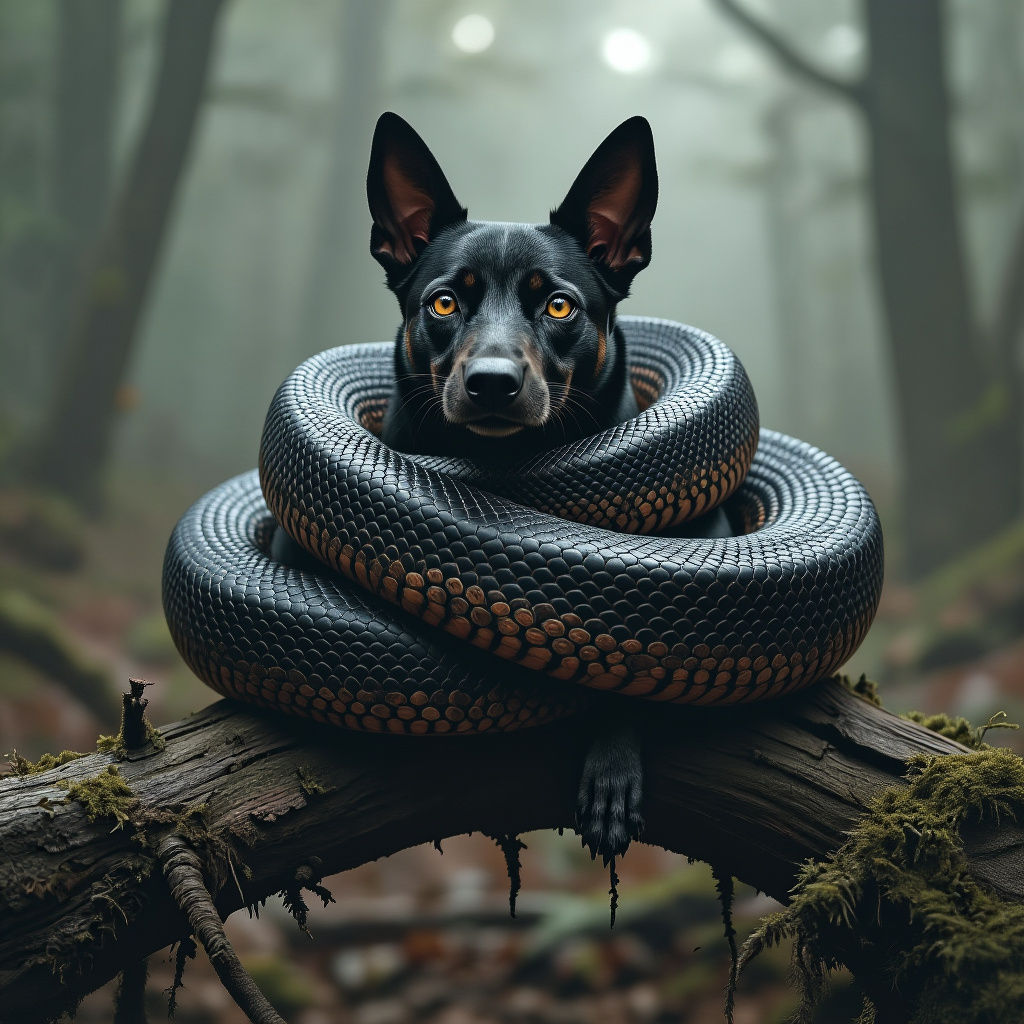 Snake Morph with Pinscher Head Coiled on Branch