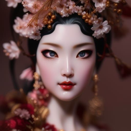 Japanese Woman in Kimono by Cherry Blossom Tree