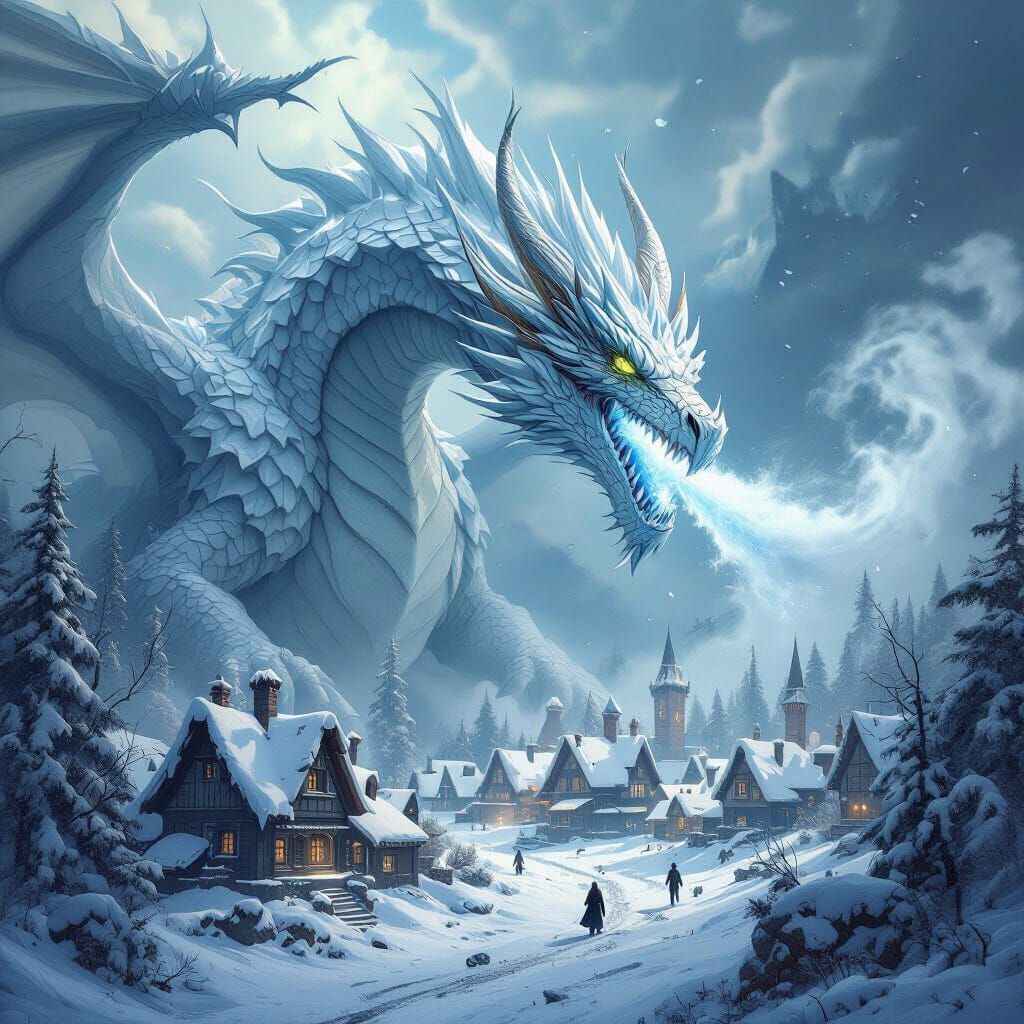 Ice Dragon Attacks Snowy Village in Fantasy Matte Painting