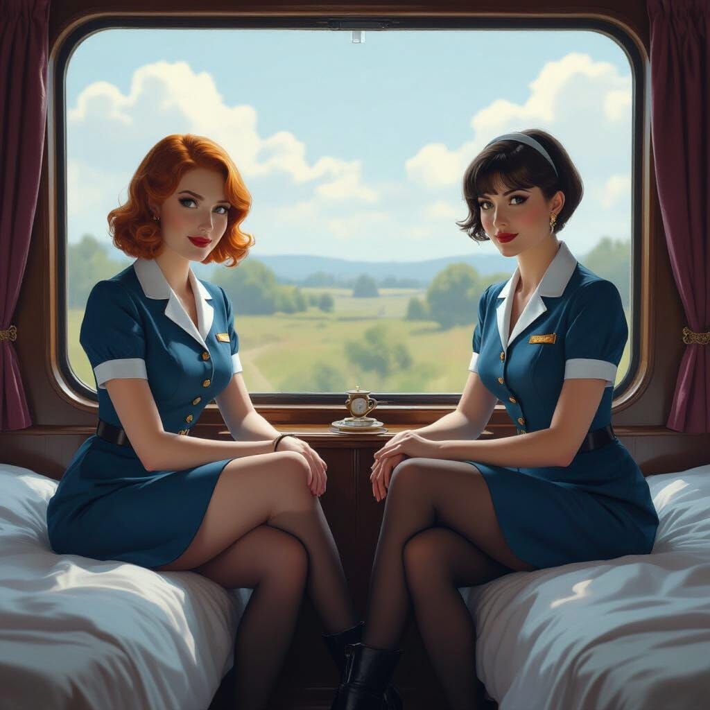 Nurses in Train Compartment: Detailed Matte Painting