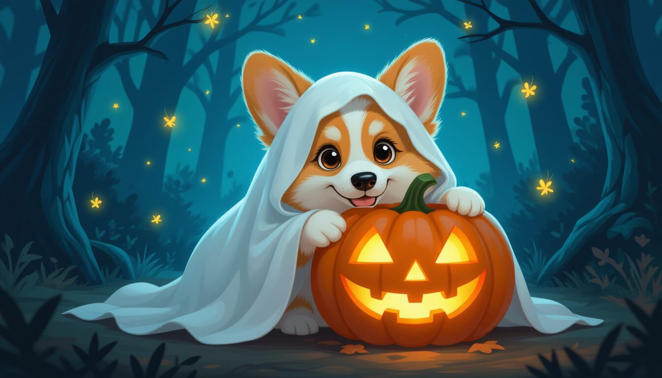 Spooky Corgi Ghost Peeking From Behind Jack-o'-Lantern