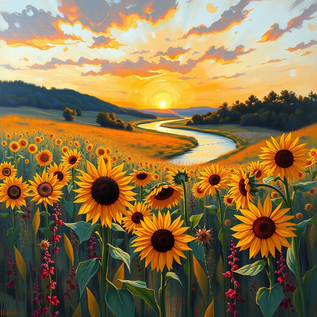 Floral Sunset River: An Impasto Oil Painting