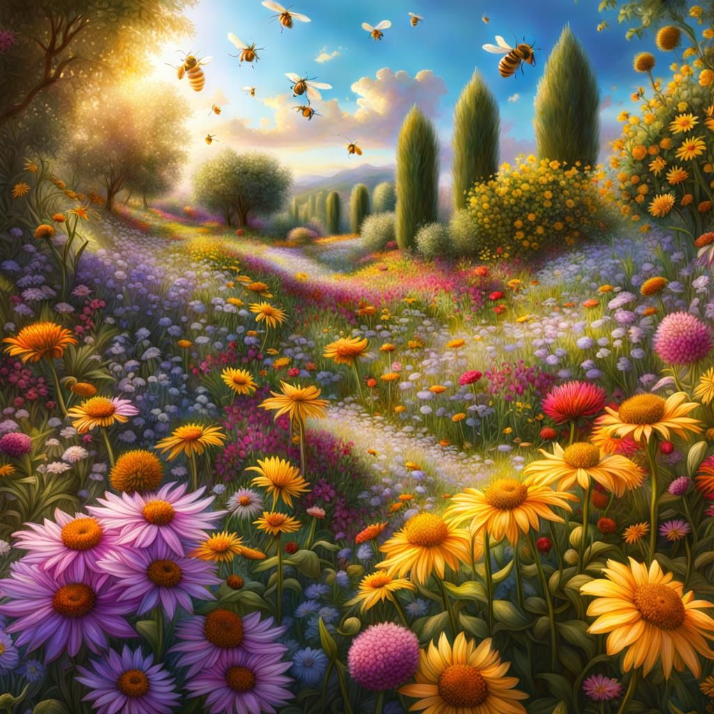 Lively Bee Garden: Hyperdetailed Digital Airbrush Painting
