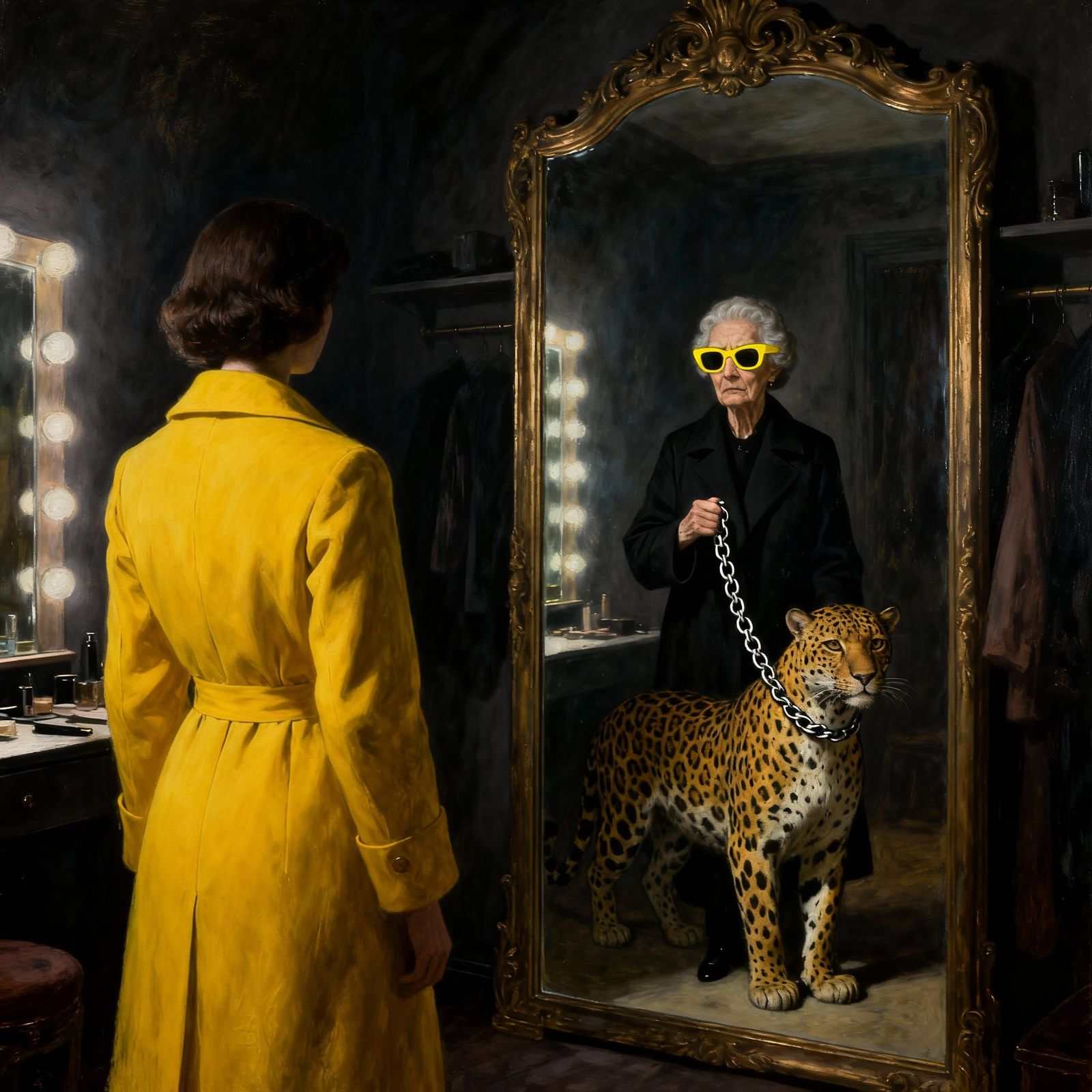 Surrealist Painting: Woman Sees Alter Ego in Ornate Mirror