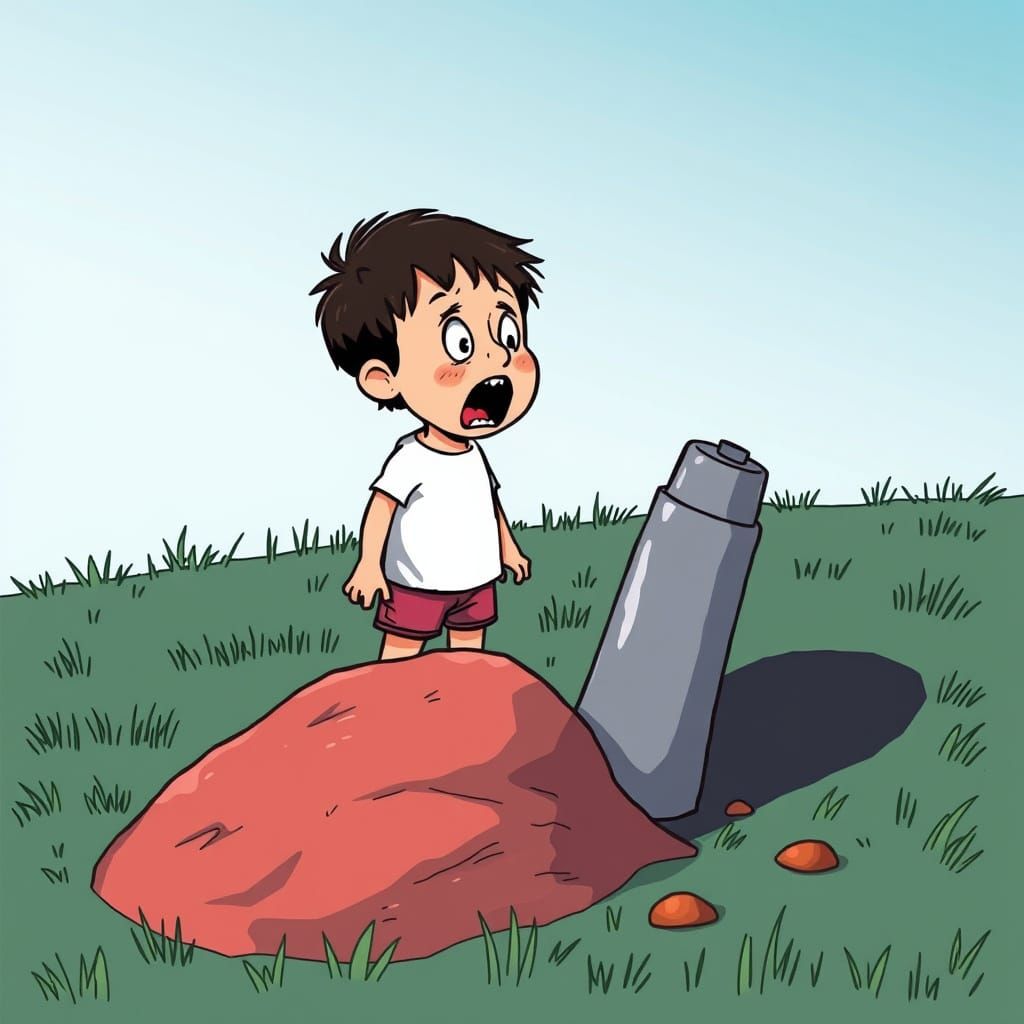 Frightened Child Stands Still in a Vibrant Cartoon Landscape