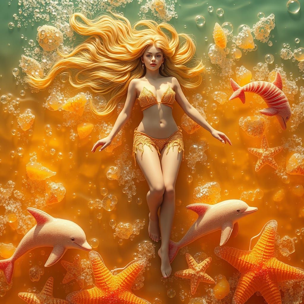 Surreal Soda Sea with Candy Dolphins, Dreamlike Illustration