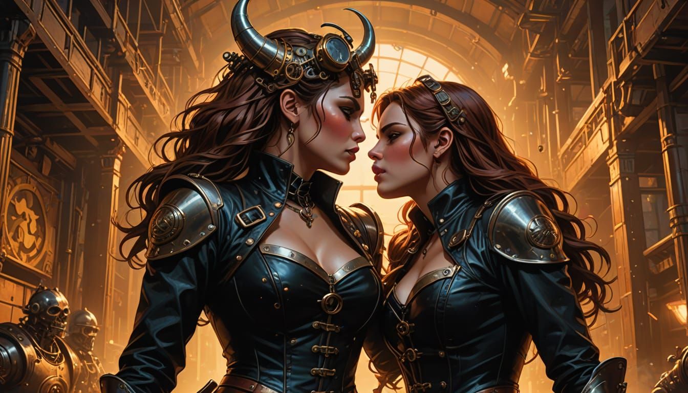 Steampunk Women Kiss While Battling Minotaur in Comic Art