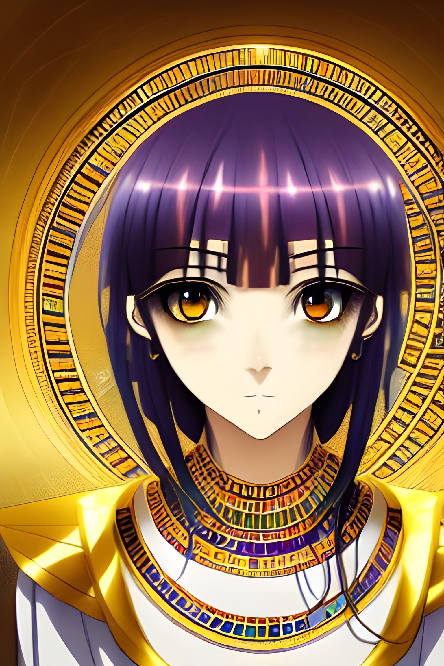 Egyptian Idol? A portrait of a beautiful anime girl with golden eyes inside an ancient Egyptian library painted by Yunji...