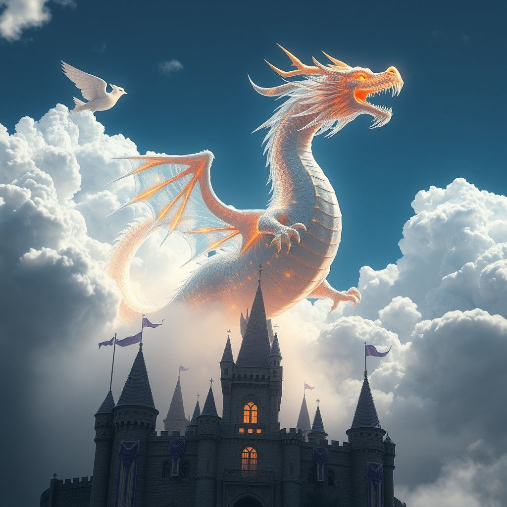 Majestic Translucent Dragon Above Mystical Castle