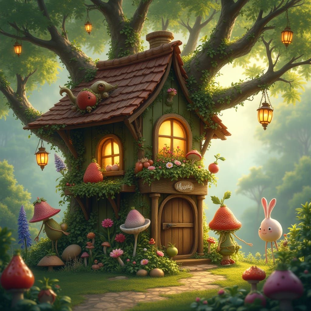 Whimsical Treehouse with Living Produce Inhabitants