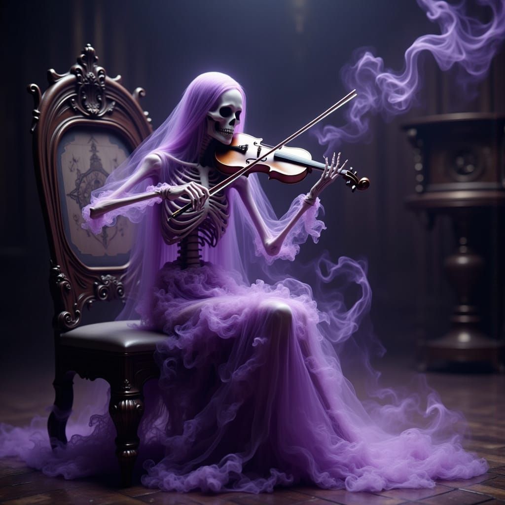 Steampunk Skeleton Plays Violin in Gothic Fantasy Style