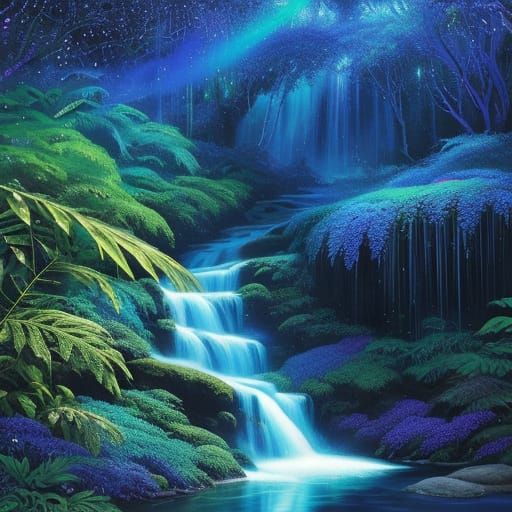 African-Style Pointillistic Rainforest Waterfall