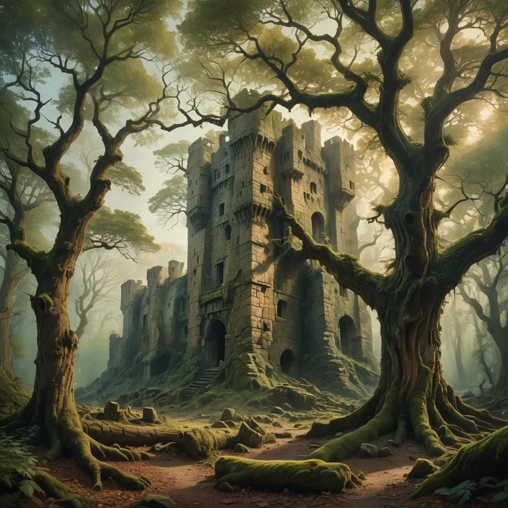 Epic fantasy landscape in a painterly style, featuring tower...